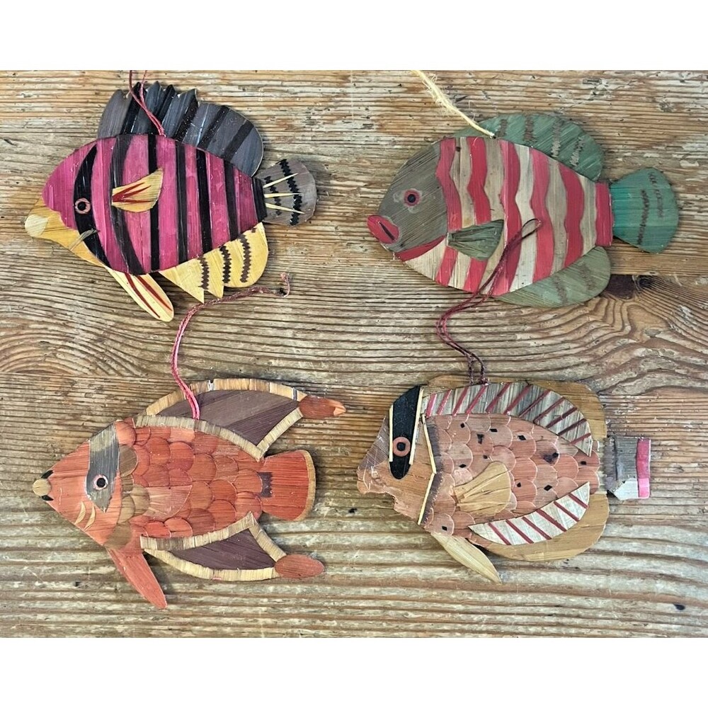 Hand Crafted Fish Decor Set Carved Christmas Ornaments Coastal Beach House